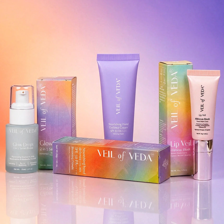 VEIL of VEDA skincare set featuring Glow Deep Cleanser, Snailifying Cream, Lip Veil, and Glow Glow Enhancer, displayed with their colorful gradient packaging boxes on a reflective surface against a purple and orange gradient background.