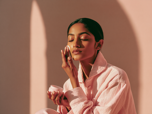 Woman gently applying moisturizer during her nighttime skincare routine for hydrated, healthy-looking skin.