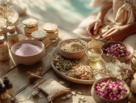 Collection of botanical ingredients and skincare products representing the blend of makeup and skincare.